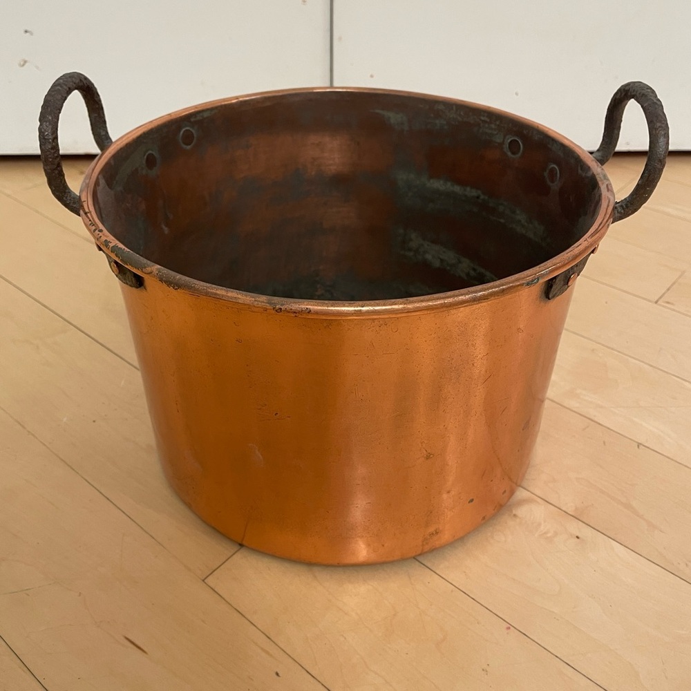Antique Copper Stock Pot Wrought Iron Handles Dovetail Cramp Seam